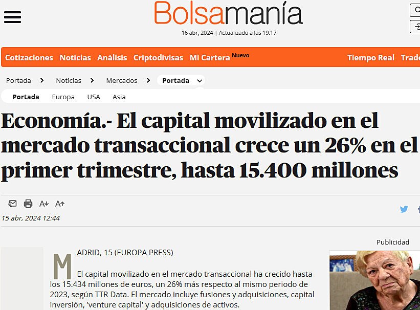 Economa.- El capital movilizado en el mercado transaccional crece un 26% en el primer trimestre, hasta 15.400 millones